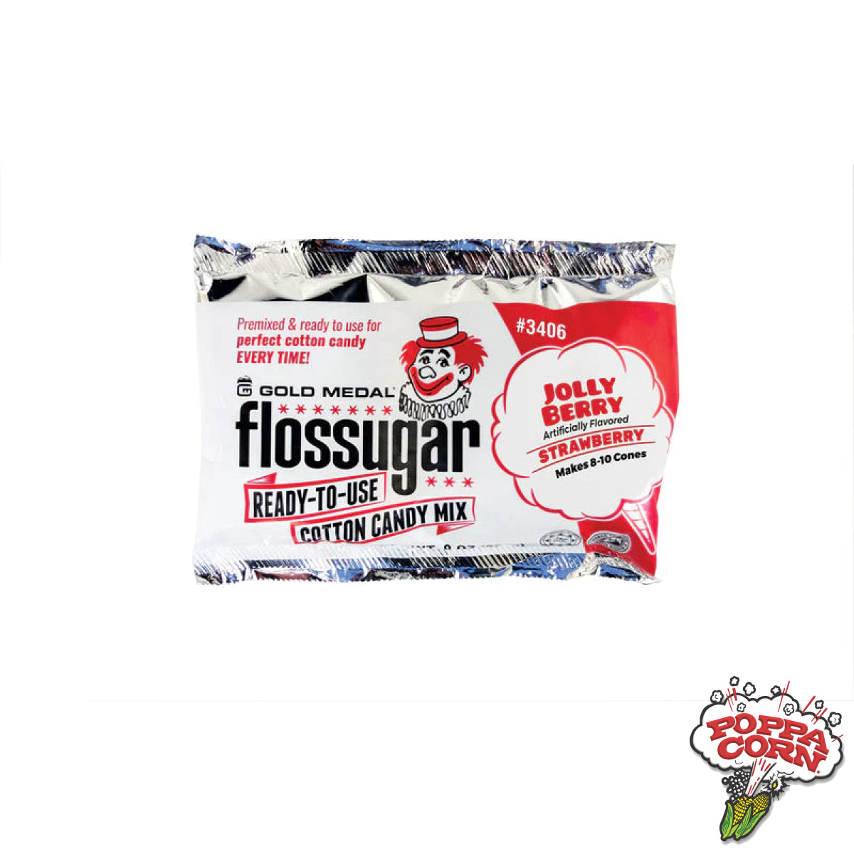 Jolly Berry (Strawberry) 8-oz. Flossugar Pouches - FLO201 - Poppa Corn Corp